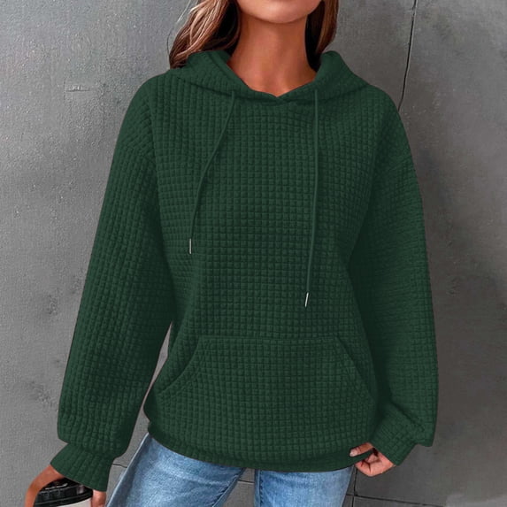 Meichang Hoodies for Women Long Sleeves Basic Solid Color Pullover Trendy Waffle Knit Drawstring Sweatshirts with Kangaroo Pocket