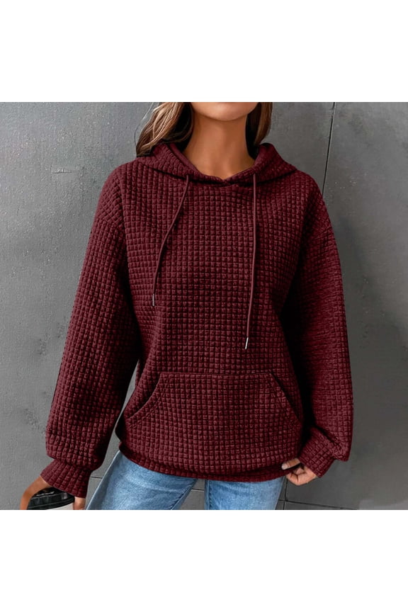 Hoodies for Women Trendy Waffle Knit Drawstring Sweatshirts Long Sleeves Basic Solid Color Pullover with Kangaroo Pocket