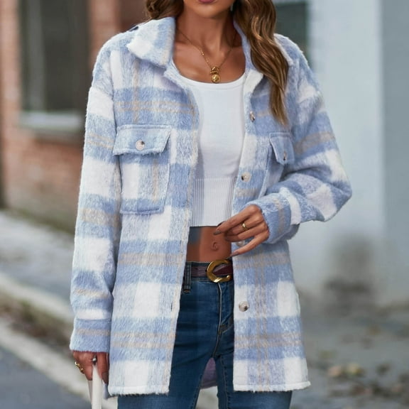 Meichang Jackets for Women Fleece Long Sleeve Shacket Plaid Print Outwear Lapel Button Down Coat with Pockets Fall