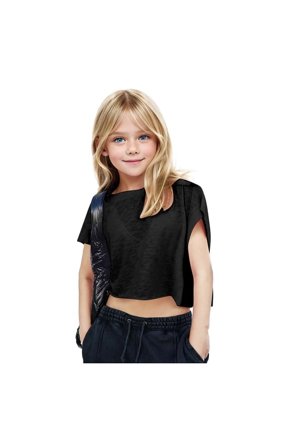 Kids Girls Open Back Tops Fashion Short Sleeve Shirt Back Cutout Cropped Blouse Children Basic Tees Cotton Summer Top Black 5 Years
