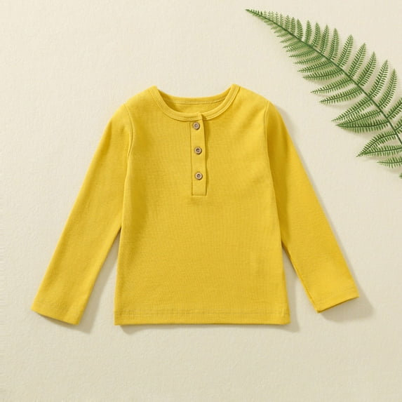Meichang Kids Shirt Long Sleeve Crew Neck Button Up Tops Solid Loose Fit Henley Shirts Basic Tees Casual Comfy Toddler Clothes Yellow 6 Years