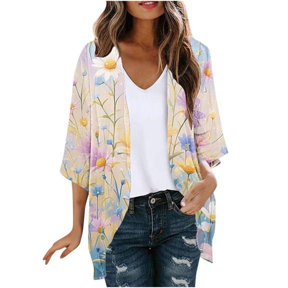 Meichang Kimono Cardigans for Women 3/4 Sleeve Loose Beach Wear Cover Up Blouse Top Casual Hawaiian Resort Wear Cardigan for Women