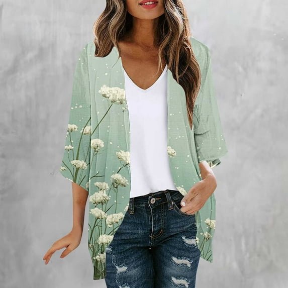 Meichang Kimono Cardigans for Women Open Front Chiffon Kimono Cardigan Boho Floral Print Kimonos Casual Beach Wear Cover Up Blouse Top