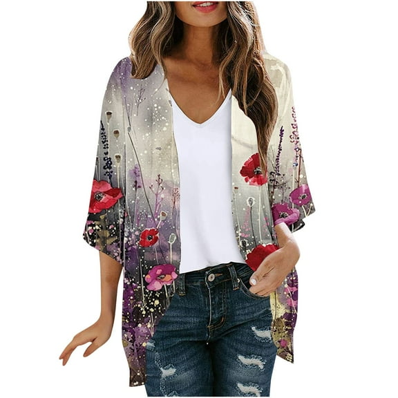 Meichang Kimono Cardigans for Women Open Front Chiffon Kimono Cardigan Boho Floral Print Kimonos Casual Beach Wear Cover Up Blouse Top
