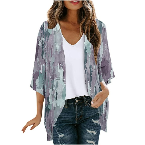 Meichang Kimono Cardigans for Women Puff Sleeve Floral Print Kimono Cardigan Open Front Chiffon Cardigans Casual Hawaiian Cover Up Tops