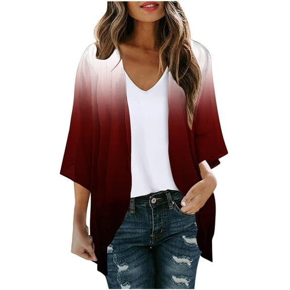 Meichang Kimono Cardigans for Women Summer 3/4 Sleeve Gradient Sheer Chiffon Cardigans Lightweight Casual Loose Beach Wear Summer Tops Red M