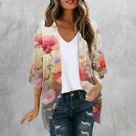 Meichang Kimono Cardigans for Women Summer Open Front Chiffon Kimono Cardigan Boho Floral Print Kimonos Casual Beach Wear Cover Up Blouse Top