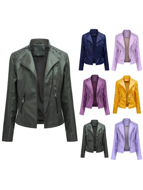 Leather Jacket Women Petite Moto Jacket Casual Short Solid Long Sleeve Biker Coat with Zipper Pockets Women's Motorcycle Jackets