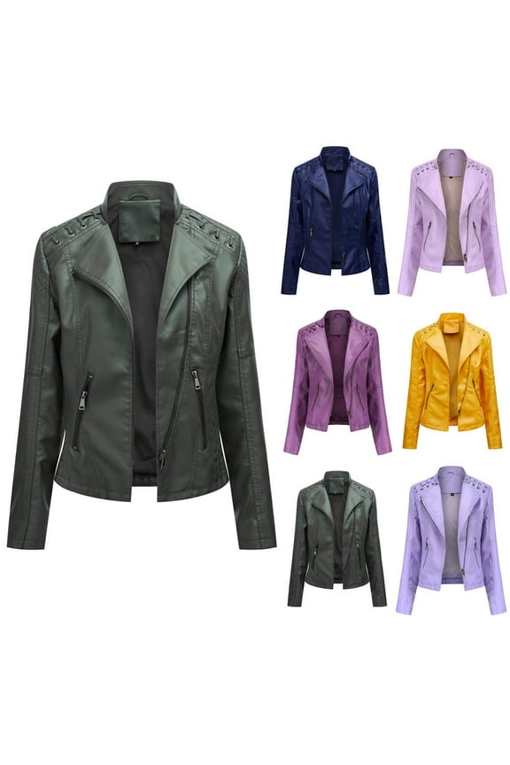 Meichang Leather Jacket Women Petite Moto Jacket Casual Short Solid Long Sleeve Biker Coat with Zipper Pockets Women's Motorcycle Jackets