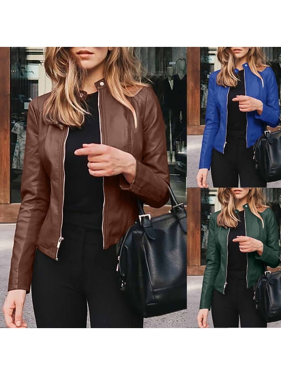 Leather Jacket for Women Petite Zip Up Leather Motorcycle Cropped Jacket Leather Tops Lightweight Short Coat Moto Biker Outerwear
