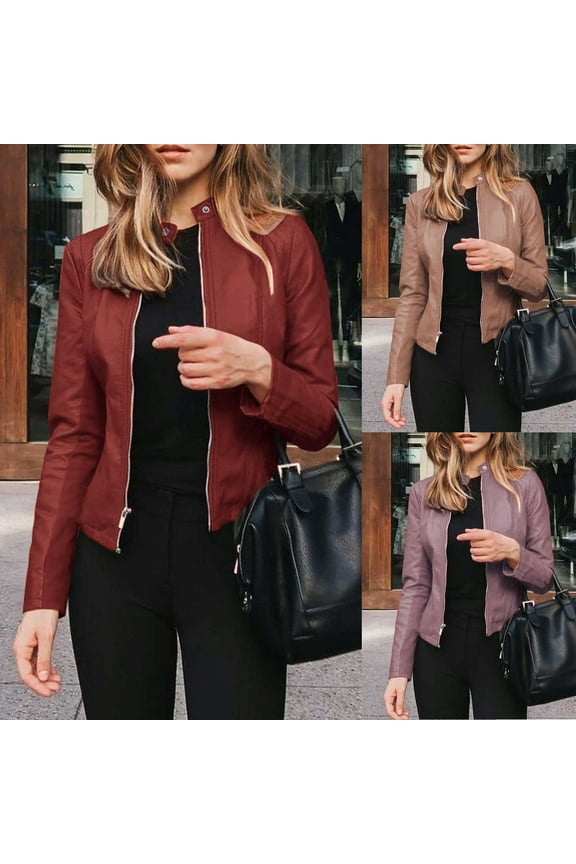 Leather Jacket for Women Zip Up Suit Jackets Slim Fit Coats Casual Long Sleeve Lightweight Outwear Moto Biker Jackets