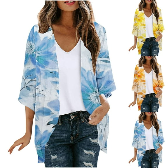 Meichang Light Cardigans for Women Summer Trendy Floral Print 3/4 Sleeve Chiffon Cardigan Kimono Open Front Beach Wear Cover Up Blouse Top