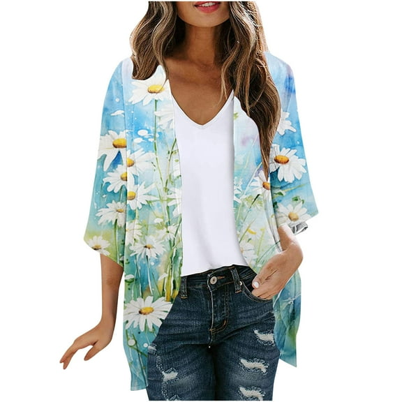 Meichang Light Weight Cardigan Women Open Front Chiffon Cardigan Floral Print 3/4 Sleeve Kimono Summer Tops Boho Beach Cover Up