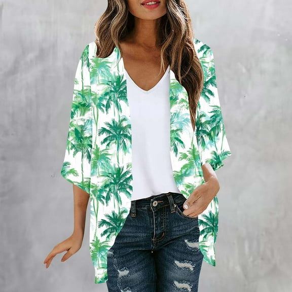 Meichang Lightweight Cardigans for Women Open Front Chiffon Cardigan Floral Print 3/4 Sleeve Kimono Summer Tops Boho Beach Cover Up
