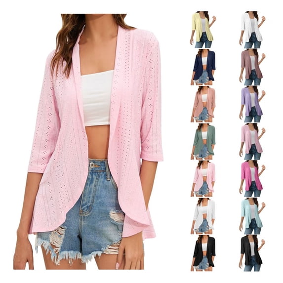 Meichang Lightweight Summer Cardigans for Women Spring Summer Solid Eyelet Embroidery Ruffle Half Sleeve Kimono Cover Ups Casual Open Front Cardigans Tops Navy M