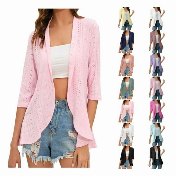 Meichang Lightweight Summer Cardigans for Women Spring Summer Solid Eyelet Embroidery Ruffle Half Sleeve Kimono Cover Ups Casual Open Front Cardigans Tops Navy S