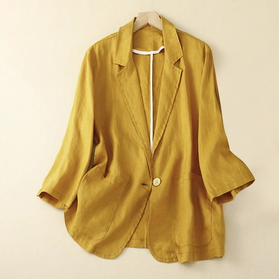 Meichang Linen Blazer for Women Casual Long Sleeves Button Cardigan Solid Lapel Oversized Jacket Lightweight Work Office Suit