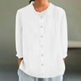 thumbnail image 1 of Meichang Linen Button Down Shirts for Women 3/4 Sleeve Ruffle Trim Crew Neck Solid Basic Tees Loose Fit Oversized Top, 1 of 6