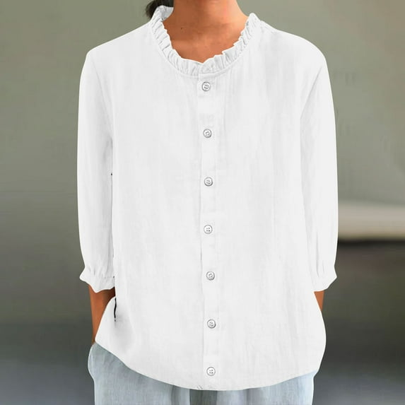 Meichang Linen Button Down Shirts for Women 3/4 Sleeve Ruffle Trim Crew Neck Solid Basic Tees Loose Fit Oversized Top