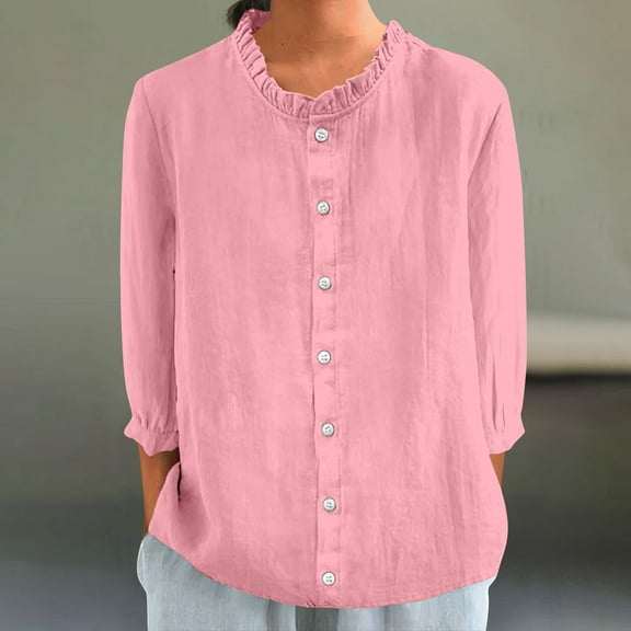 Meichang Linen Button Down Shirts for Women 3/4 Sleeve Ruffle Trim Crew Neck Solid Basic Tees Loose Fit Oversized Top