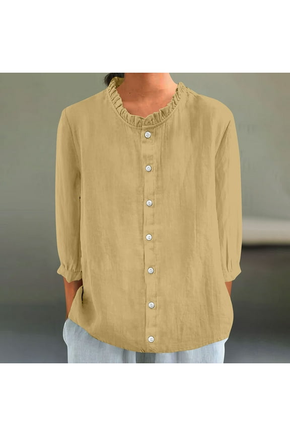 Linen Button Down Shirts for Women 3/4 Sleeve Ruffle Trim Crew Neck Solid Basic Tees Loose Fit Oversized Top