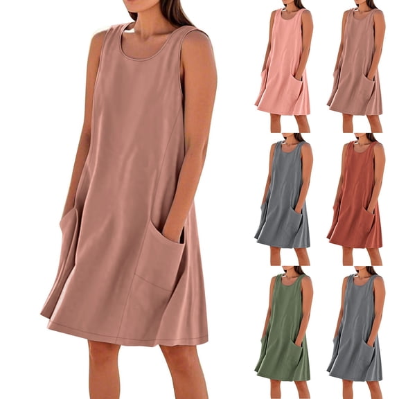 Meichang Linen Dress Women Summer Sleeveless Sundresses Casual Solid Loose Fit Pockets Midi Dress Beach Vacation Flowy Swing Tank Dresses