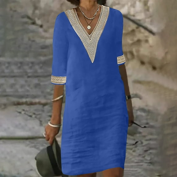 Meichang Linen Dresses for Women 2024 Lace V Neck 3/4 Sleeve Knee Length Dresses Solid Casual Loose Summer Dresses Lightweight Comfy Work Dresses Midi Dresses Blue XL