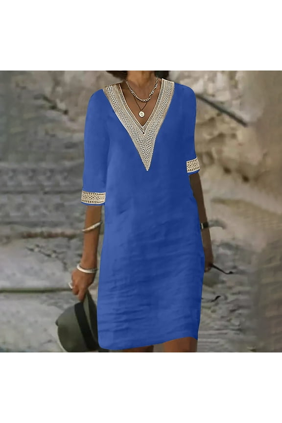 Linen Dresses for Women 2024 Lace V Neck 3/4 Sleeve Knee Length Dresses Solid Casual Loose Summer Dresses Lightweight Comfy Work Dresses Midi Dresses Blue M