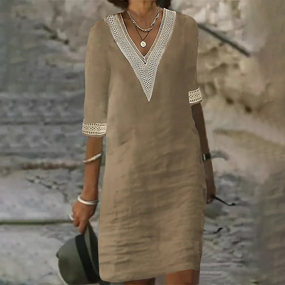 Meichang Linen Dresses for Women 2024 Lace V Neck 3/4 Sleeve Knee Length Dresses Solid Casual Loose Summer Dresses Lightweight Comfy Work Dresses Midi Dresses Khaki M