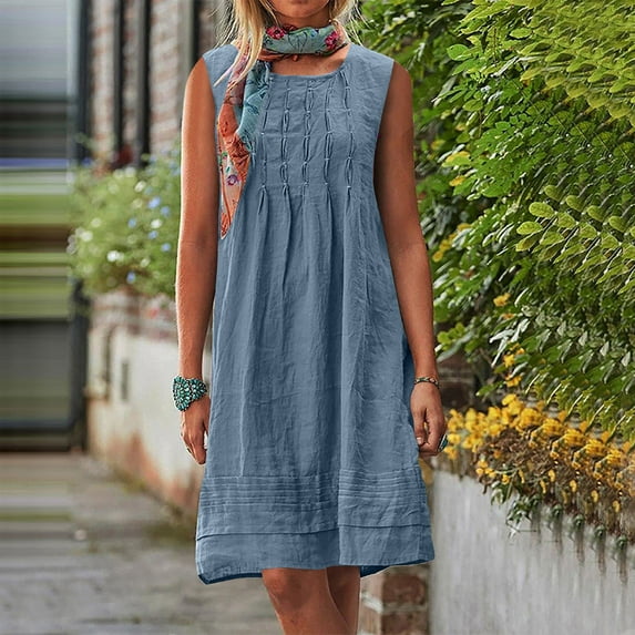 Meichang Linen Dresses for Women 2025 Casual Sleeveless Sundresses Summer Loose Fit Crew Neck Pleated Front Knee Length Dress Beach Vacation Tank Dress