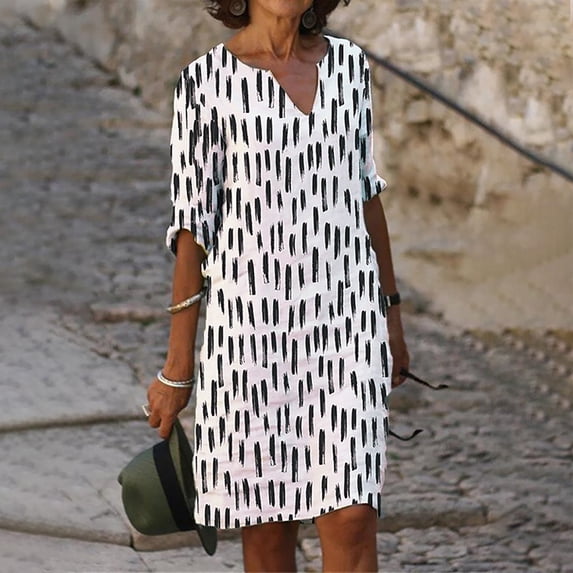 Meichang Linen Dresses for Women Notch V Neck Short Sleeve Knee Length Dresses Casual Print Loose Summer Midi Dresses Lightweight Comfy Work Dresses White M