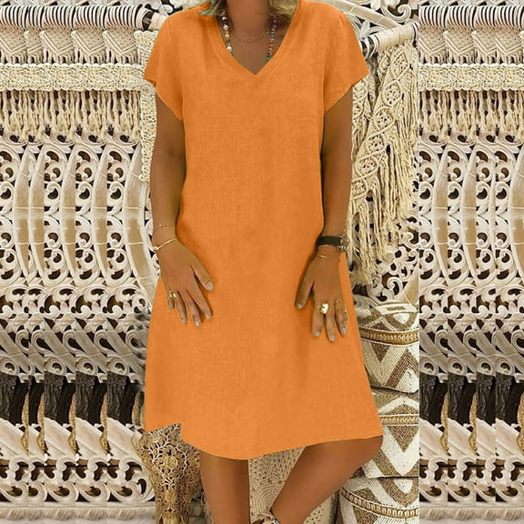 Meichang Linen Dresses for Women Cotton V Neck Short Sleeve Knee Length Dresses Solid Loose Fit Beach Vacation Dresses Midi Dress for Women