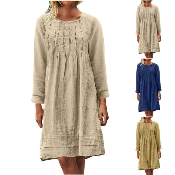 Meichang Linen Dresses for Women Plus Size Long Sleeve Crew Neck Fall Dress Knee Length Peated A-Line Dresses Casual Loose Fit Work Dress