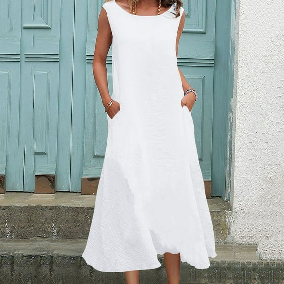 Meichang Linen Dresses for Women Summer Sleeveless Scoop Neck Midi Dress Swing Loose Fit Long Sundress Beach Vacation Dreses with Pockets