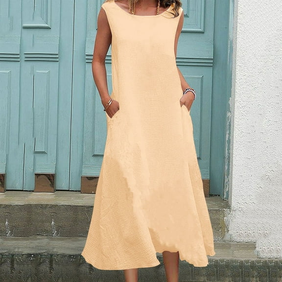 Meichang Linen Dresses for Women Summer Sleeveless Scoop Neck Midi Dress Swing Loose Fit Long Sundress Beach Vacation Dreses with Pockets