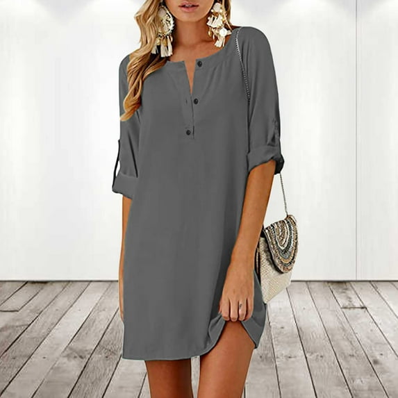 Meichang Linen Shirt Dresses for Women Summer Button Neck Roll Up Cuffed Sleeve Mini Dresses Solid Loose Fit Tshirt Dress