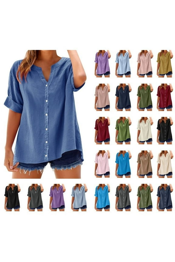 Linen Shirt Women Button Down Shirts Short Sleeve Notch V Neck Summer Tops Solid Loose Fit Plus Size Womens Clothes