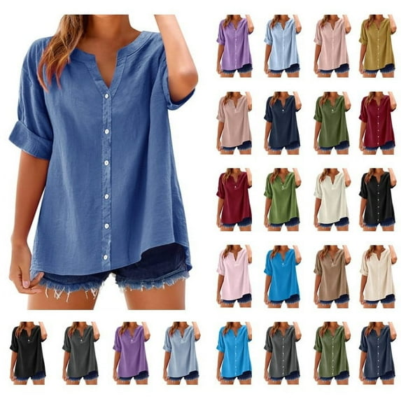 Meichang Linen Shirt Women Button Down Shirts Short Sleeve Notch V Neck Summer Tops Solid Loose Fit Plus Size Womens Clothes