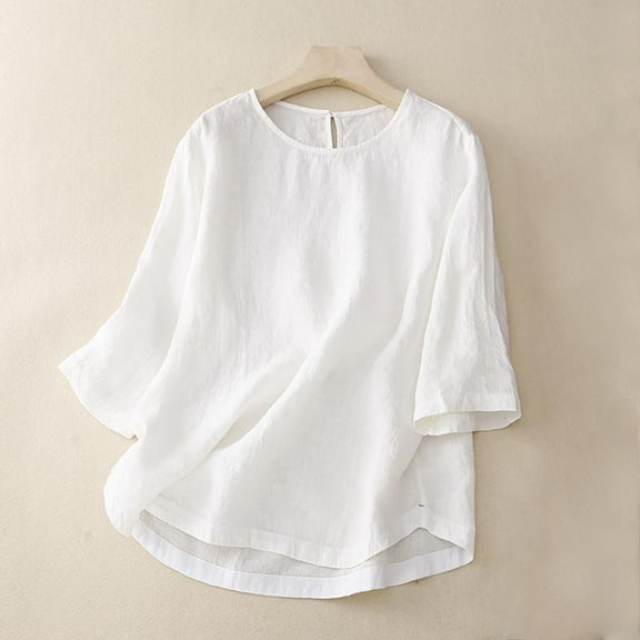 Meichang Linen Shirts for Women Summer Retro 3/4 Length Sleeve Women Tops Basic Tees Loose Fit Crew Neck Vintage T-Shirts Blouses Plus Size