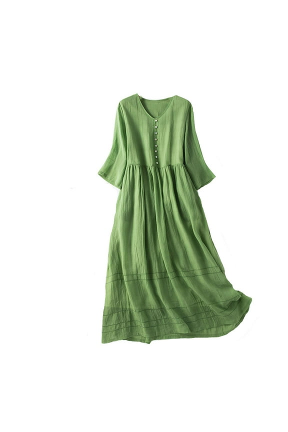 Linen Summer Dresses for Women Vintage 3/4 Sleeve V Neck Button A-Line Sundress Casual Pleated Flowy Midi Dress Solid Loose Fit Beach Vacation Dresses
