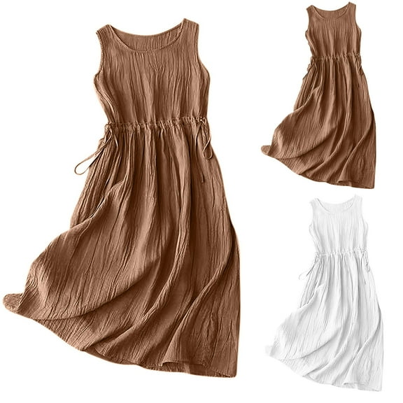 Meichang Linen Sundresses for Women Casual Sleeveless Textured Midi Dresses A-Line Drawstring Elastic Waisted Loose Fit Flowy Summer Tank Dress
