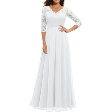 Meichang Long 3/4 Sleeve Mother of Bride Dresses For Wedding V Neck Floral Lace Chiffon Formal Dresses Solid Color Elegant Evening Gowns Maxi Dresses Wedding Guest Dresses for Women