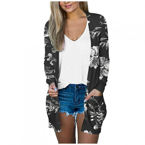 Meichang Long Cardigans for Women Lightweight Long Sleeve Open Front Cardigan Trendy Print Loose Fit Kimono Cardigans with Pockets Casual Fall Cardigans