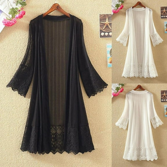 Meichang Long Cover Up for Women Long Sleeve Lace Patchwork Sheer Cardigans Lightweight Open Front Kimono Beach Swimsuit Cover Ups