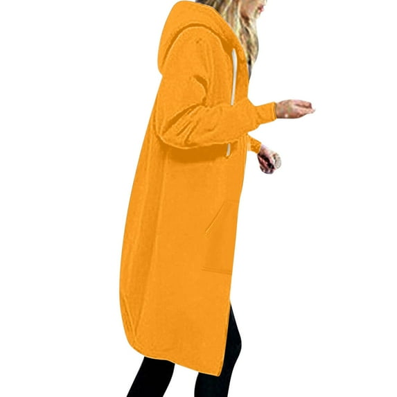Meichang Long Hoodies for Women Zip Up Knee Length Fleece Sweatshirts Classic Solid Long Sleeve Fall Winter Hooded Jackets with Pockets