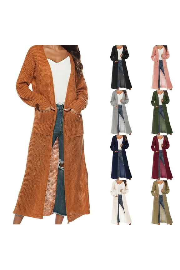 Long Maxi Knit Cardigan for Women Long Sleeve Duster Cardigan Sweaters with Slit Hem Open Front Knit Sweater Outwear with Pockets
