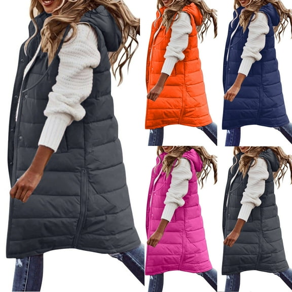 Meichang Long Puffer Vest Women Hooded Sleeveless Full Zip Button Down Vest Outerwear Padded Jacket Coat Winter Warm Down Vest with Pockets
