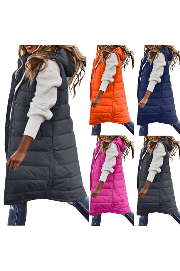 Meichang Long Puffer Vest Women Hooded Sleeveless Full Zip Button Down Vest Outerwear Padded Jacket Coat Winter Warm Down Vest with Pockets