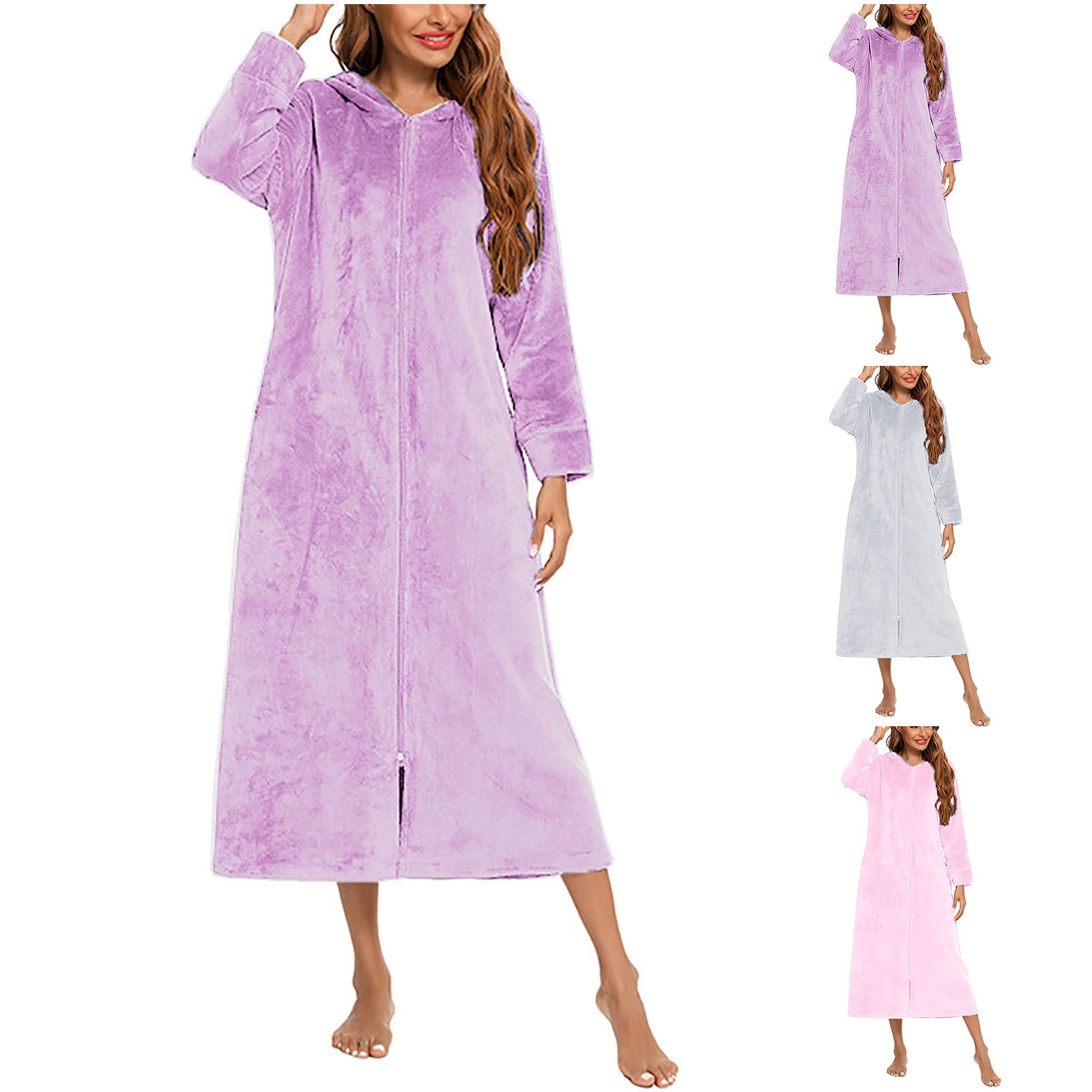 Meichang Long Robes for Women Hooded Zip Up Fleece Winter Bathrobe Cozy ...