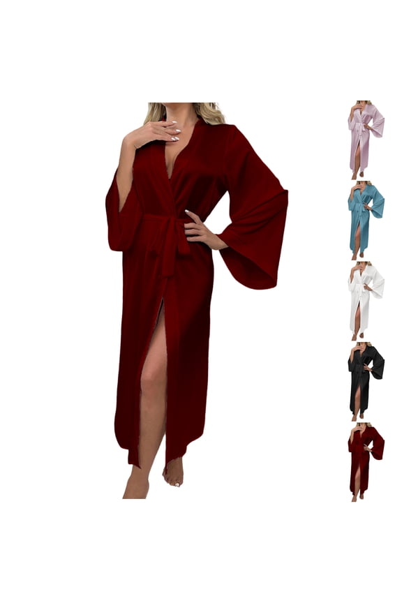 Long Robes for Women with Belted Long Sleeve Bridesmaid Wedding Party Bathrobe Lightweight Sleepwear Homewear Kimono Bathrobes